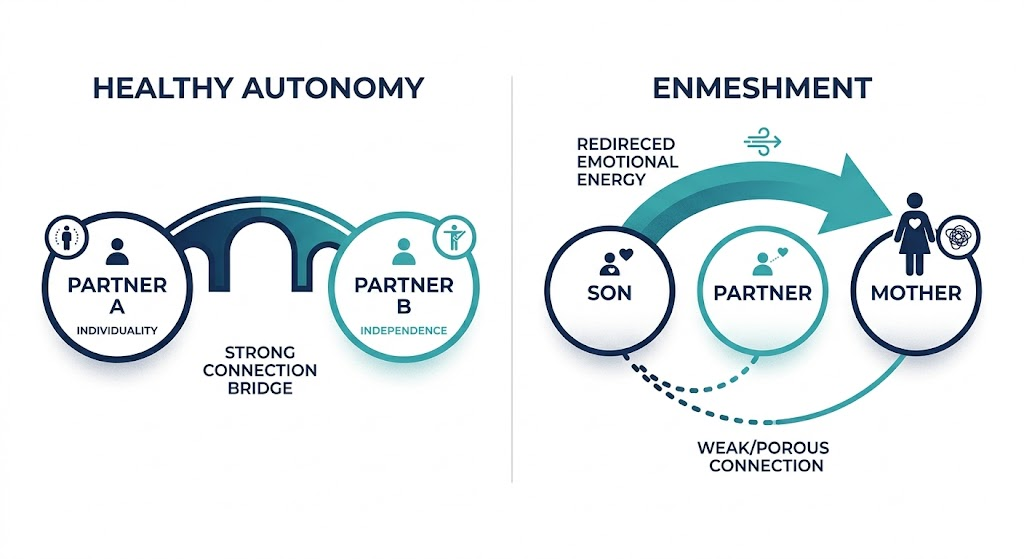 A comparison diagram showing healthy autonomy where a son makes decisions with a partner versus enmeshment where decisions are filtered through the mother's emotions.